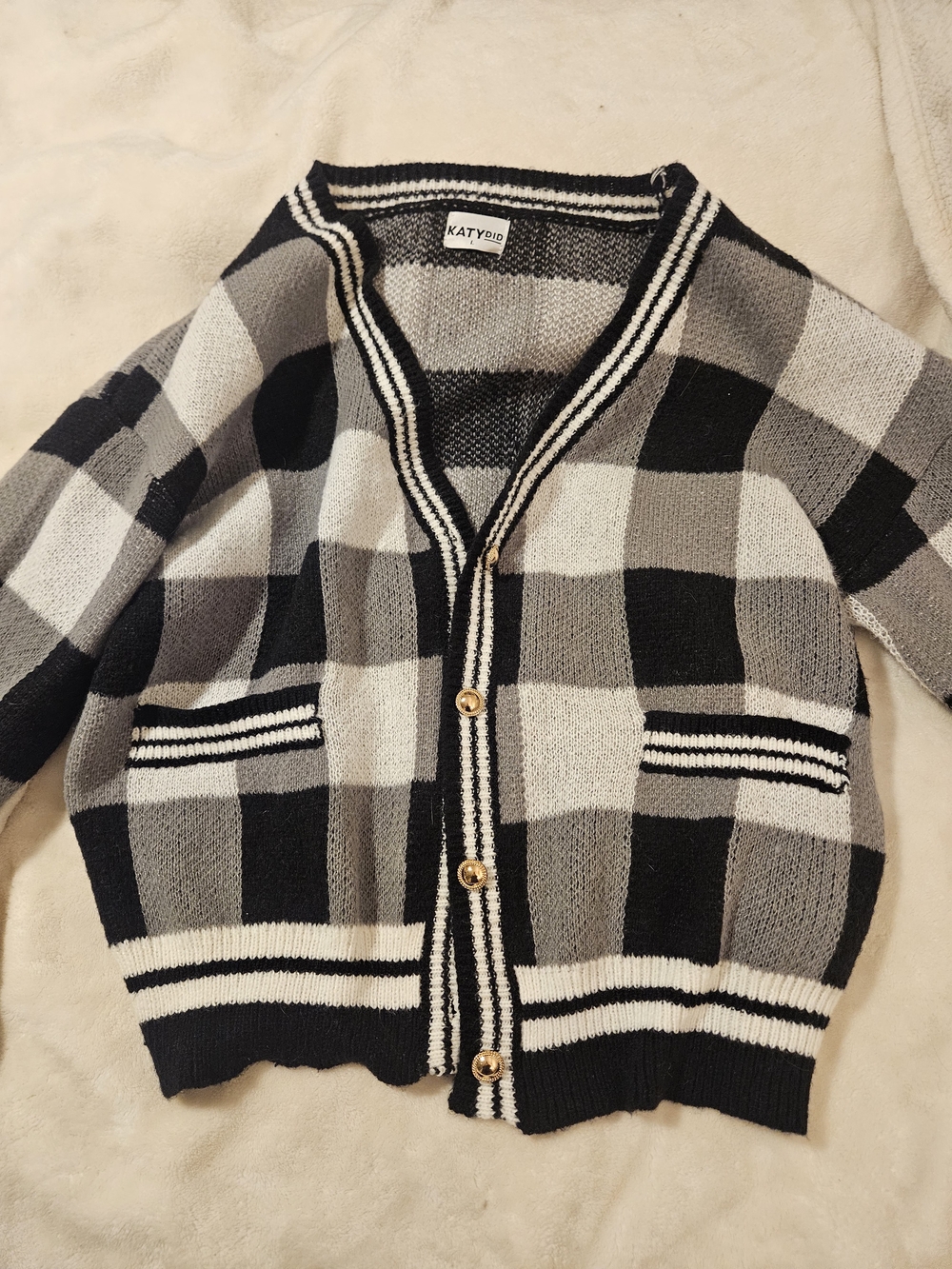 Katydid Black, Gray & Cream Plaid V-Neck Button Cardigan